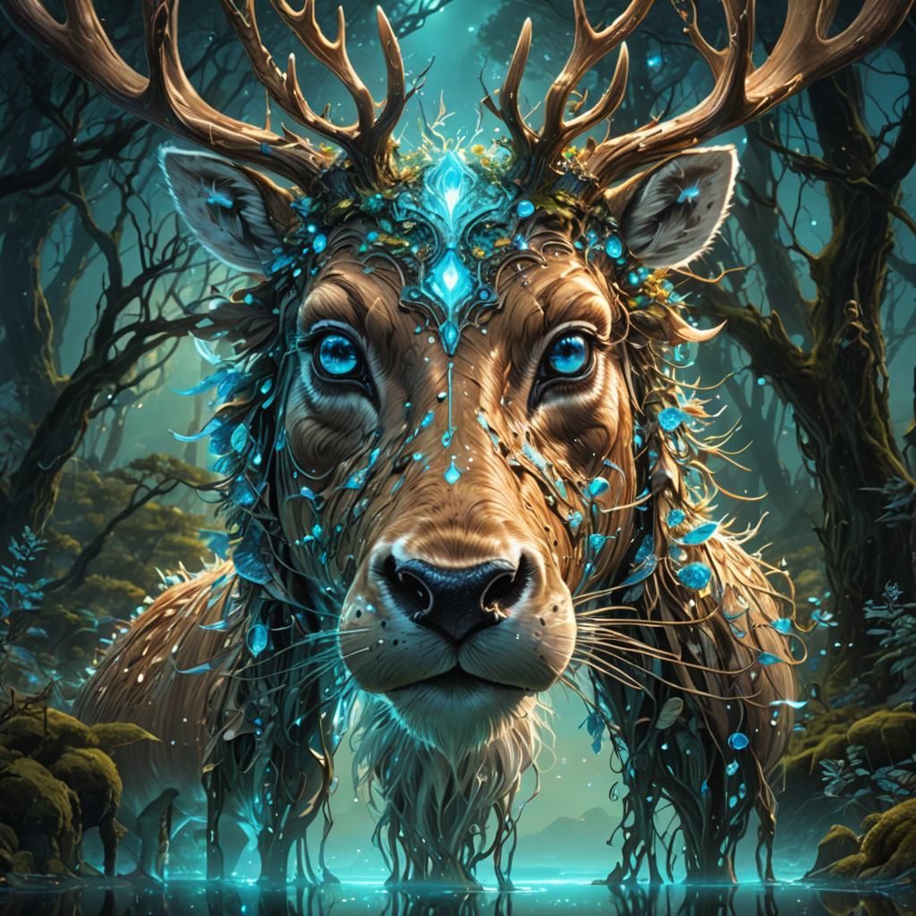 Bioluminescent Deer in Illuminated Fantasy Forest