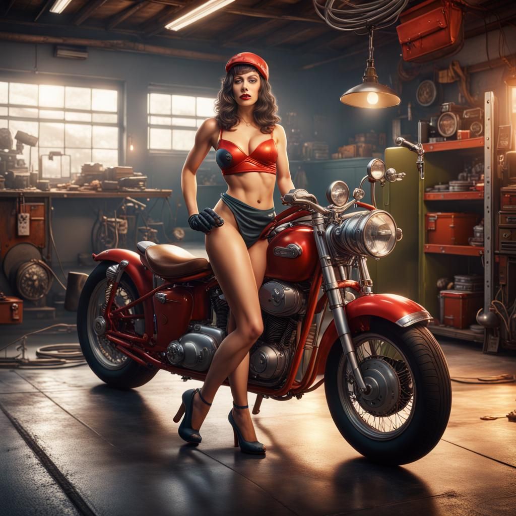 Hyperrealistic Garage Monkey Pinup Girl in Detailed Matte Pa...