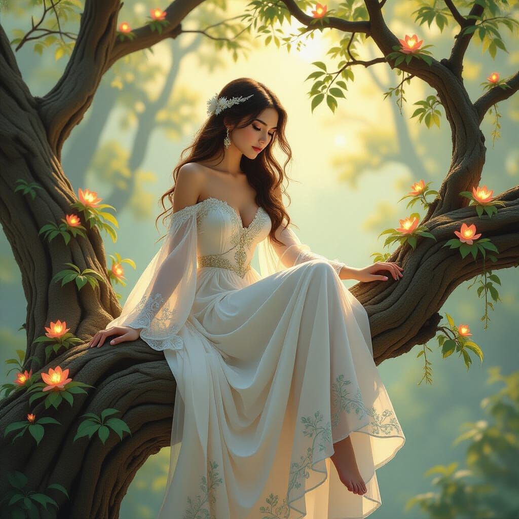 Woman on Tree Branch in Golden Forest