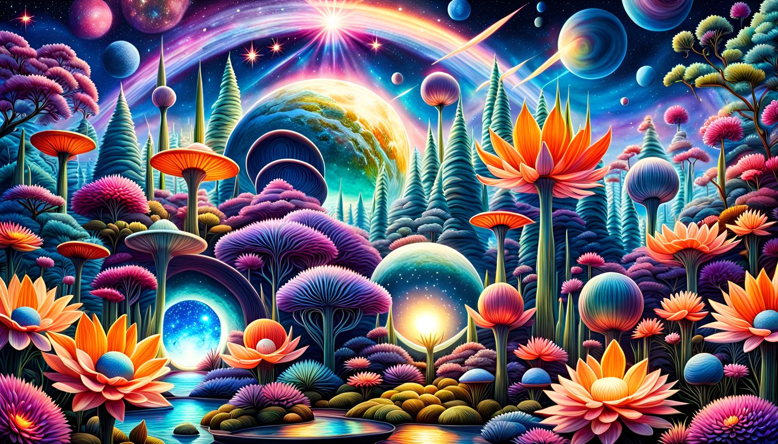 Sci-Fi Alien Zen Garden with Cosmic Sky
