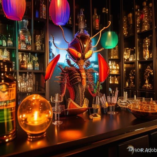 Insectoid Bartender Serves Alien Drinks: Digital Illustratio...
