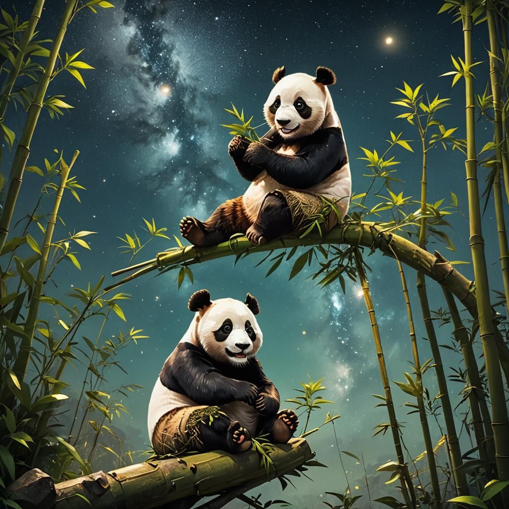 Panda Family Watching Starry Night, Matte Painting