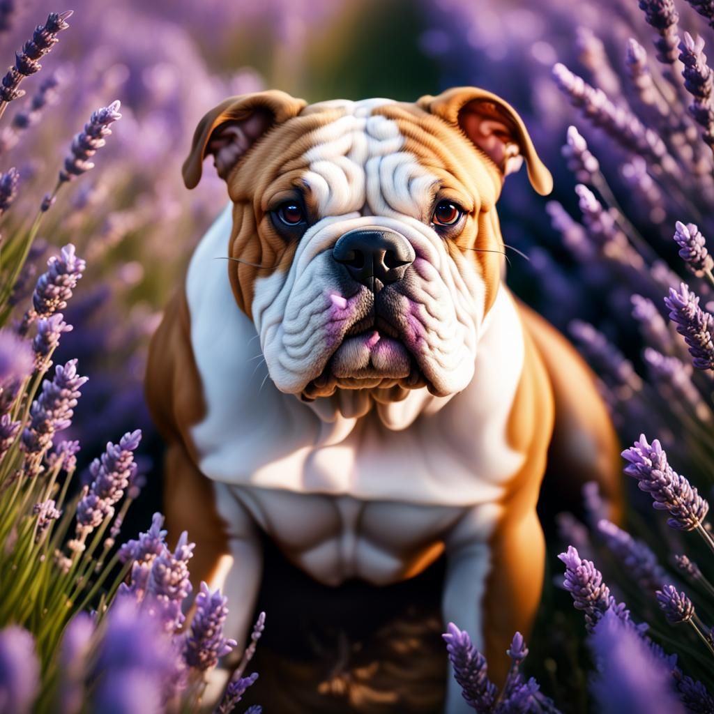 English Bulldog in Lavender Field: Hyperrealistic Photograph...