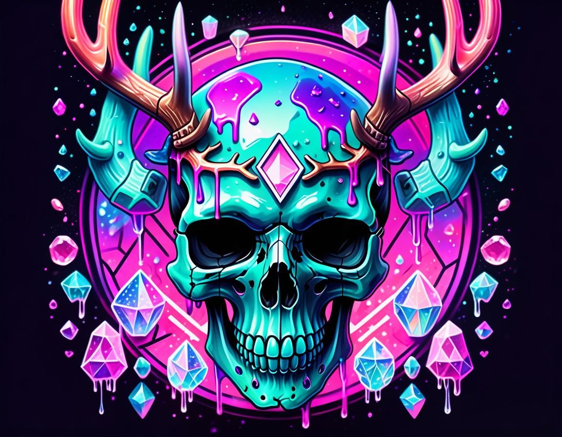 Pastel Goth Skull with Antlers in Watercolour