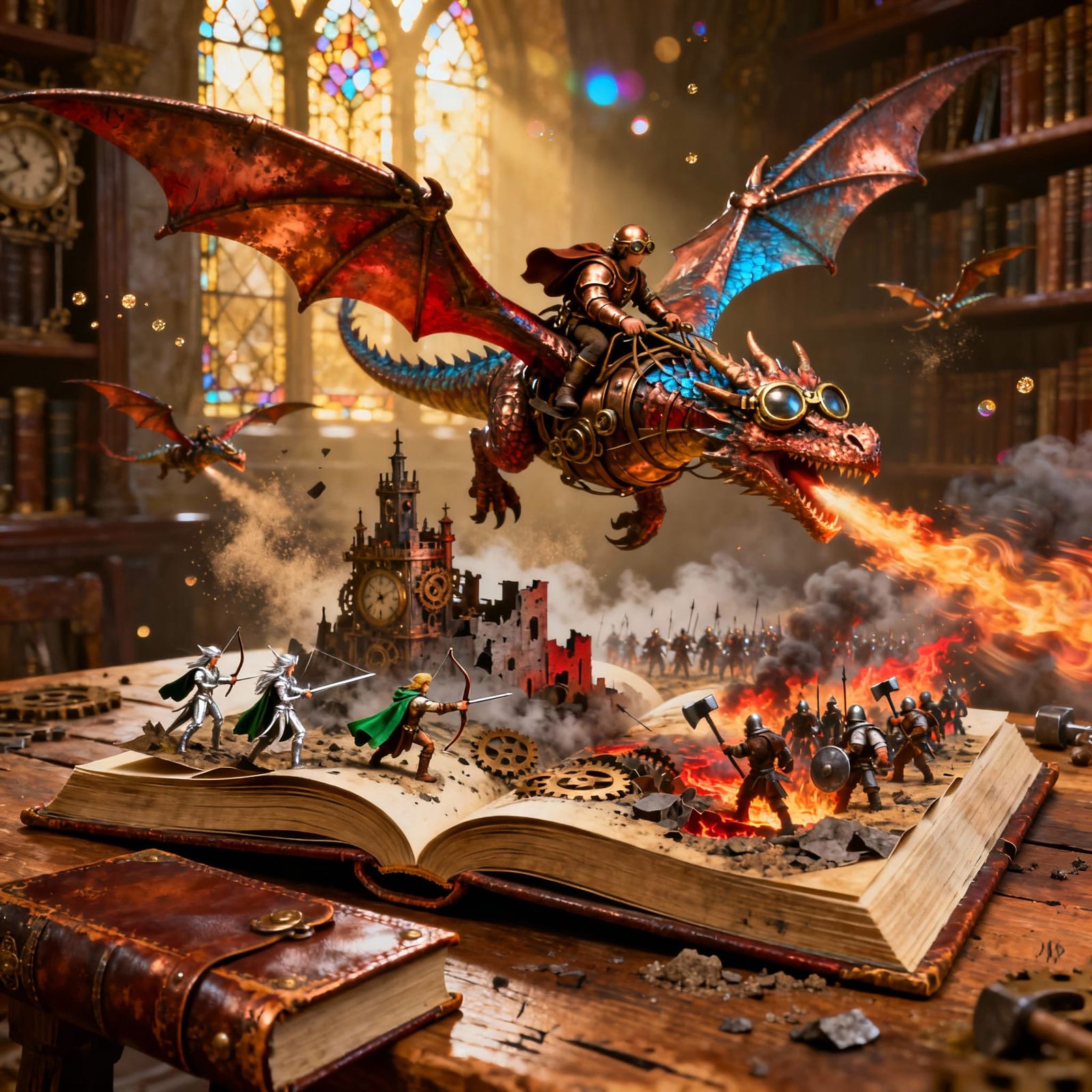 Epic Steampunk Dragon Battle Pop-Up Book Scene