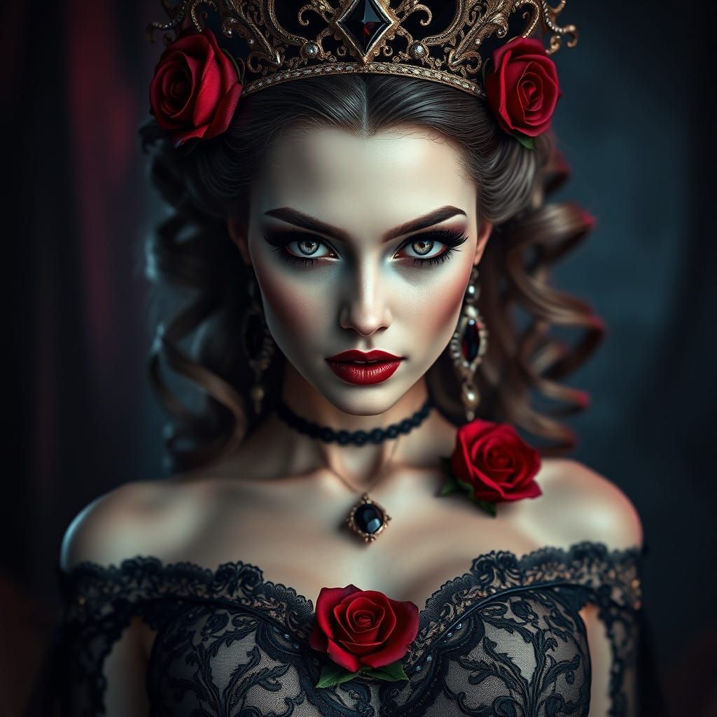 Hyperrealistic Vampire Goddess with Intricate Roses