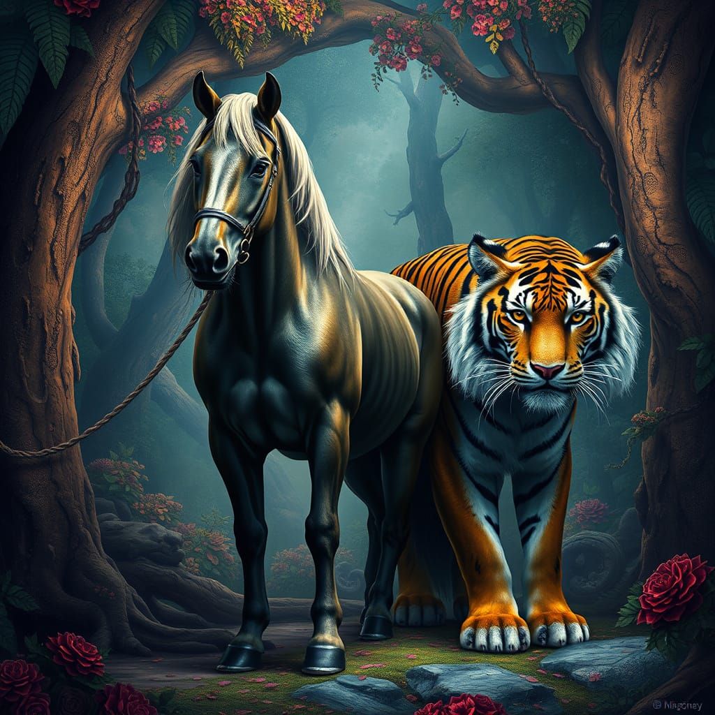 Regal Arabian Horse and Bengal Tiger in Vibrant, Fantastical...