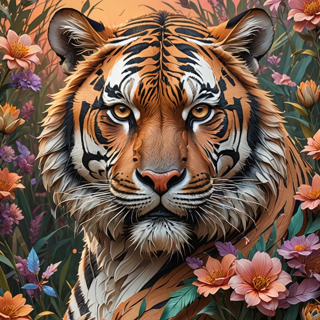 Tiger Portrait in Flowery Sunset Savannah