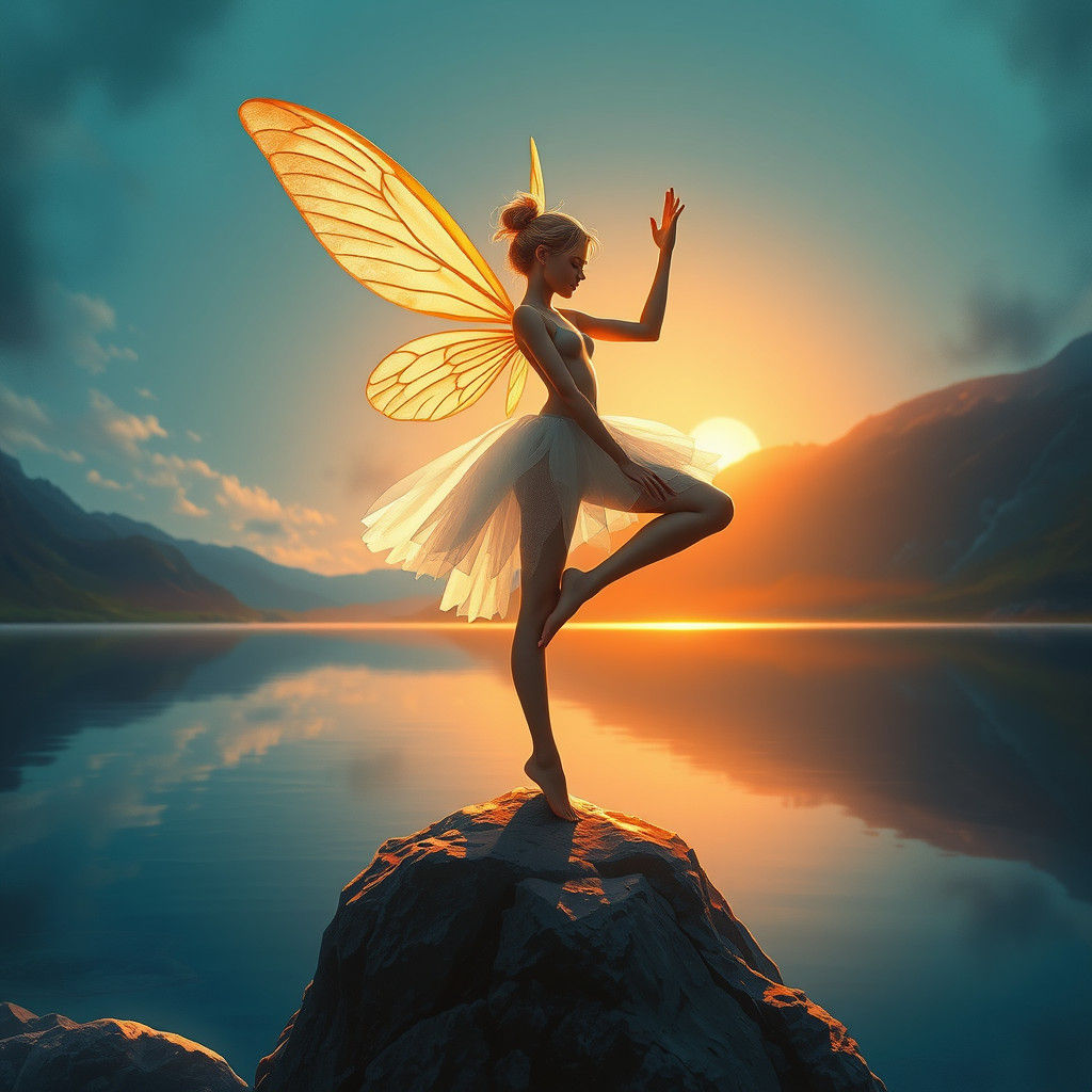 Whimsical Fairy in Serene Lake Landscape