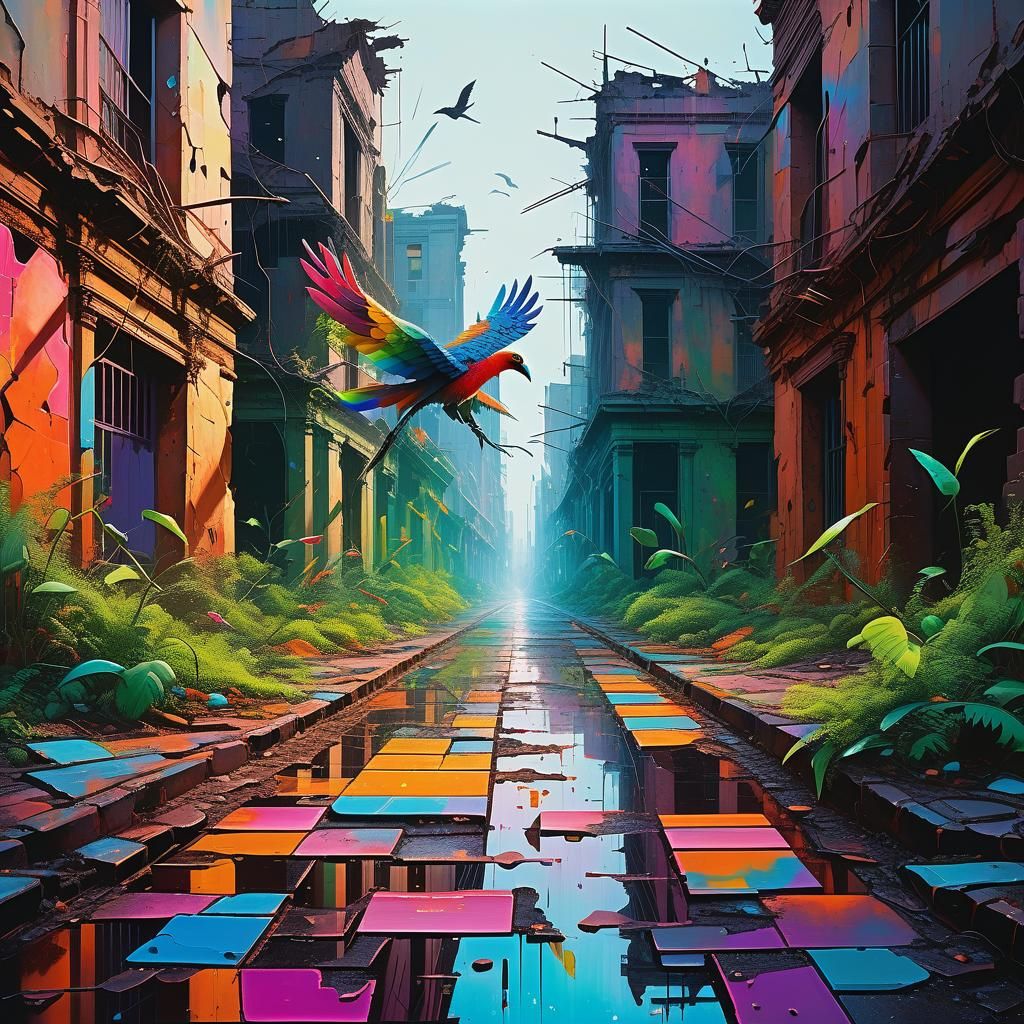 Surreal Metropolis: Abstract Expressionist Painting of Futur...