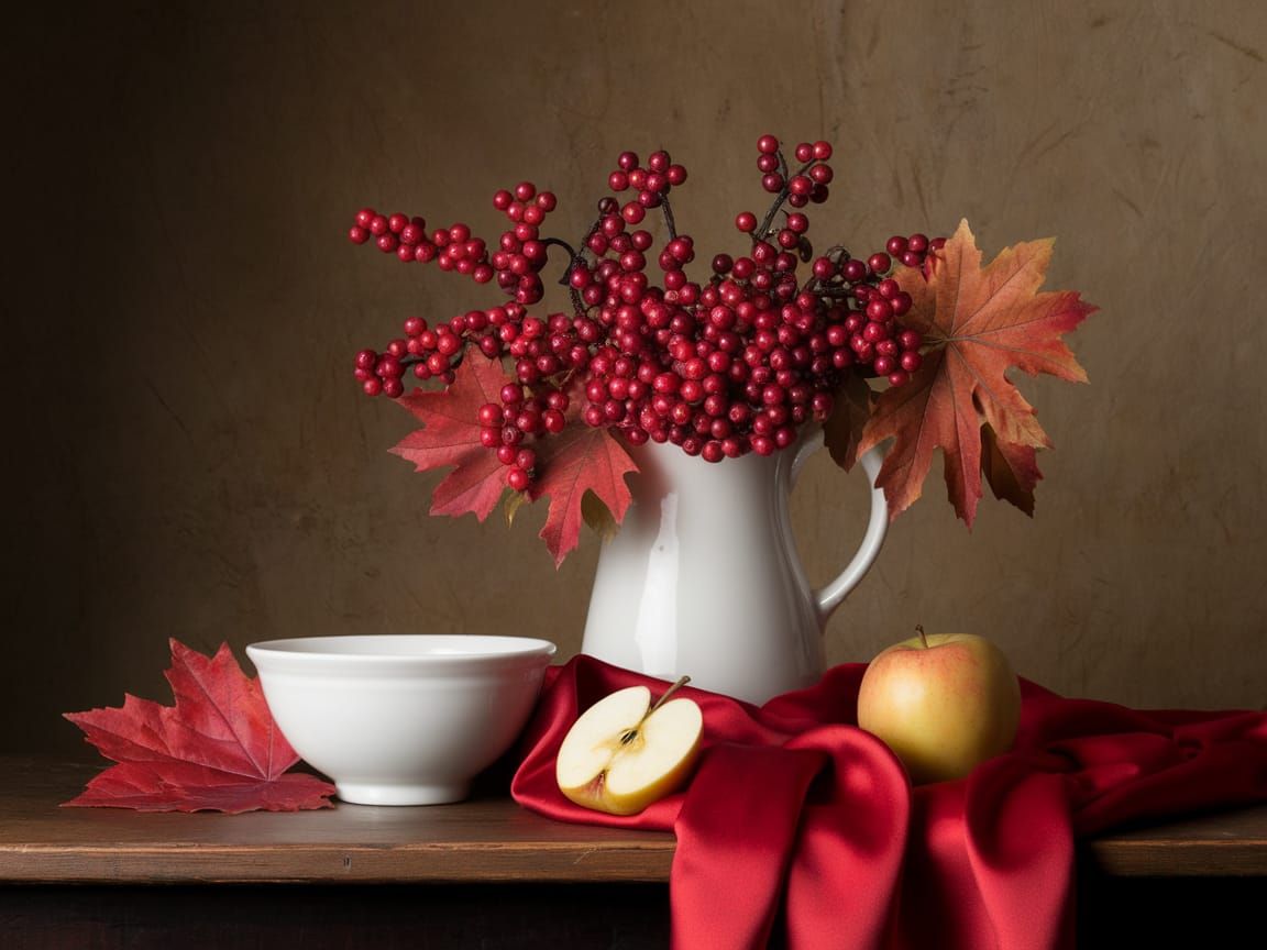 Vintage Still Life with Ceramic Vase and Autumn Fruits