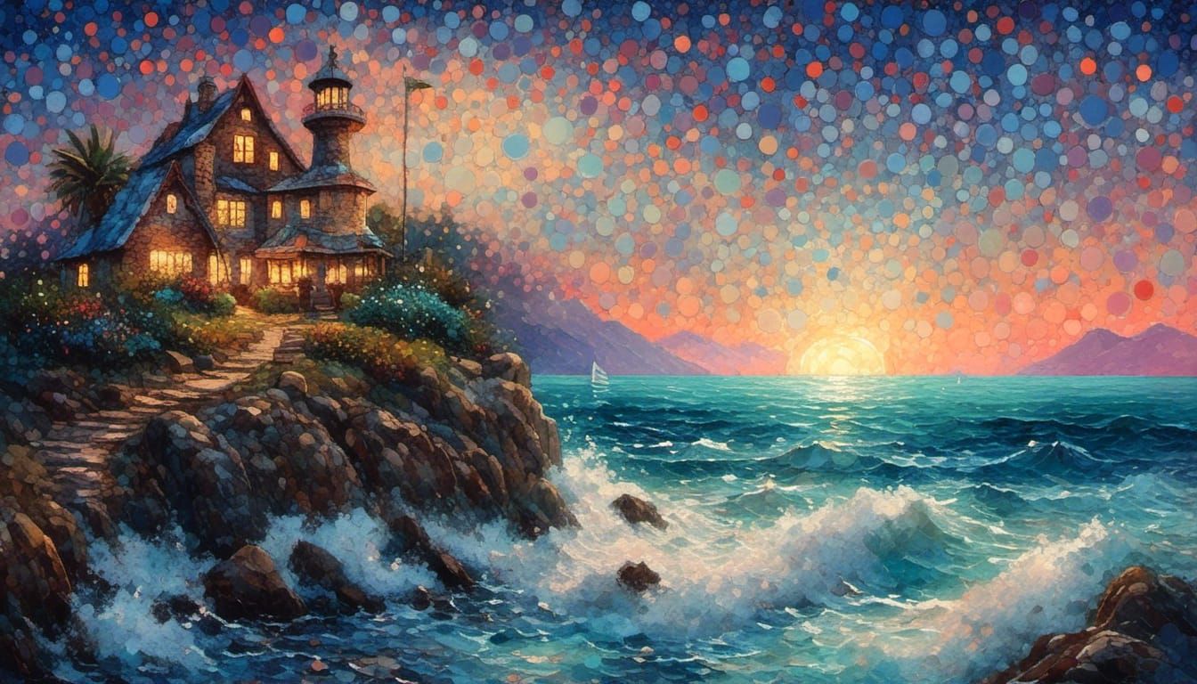 Dreamy Ocean & Moon Nightscape of lighthouse