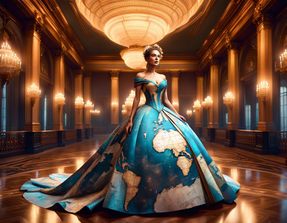 World Map Ball Gown in Candlelit Ballroom