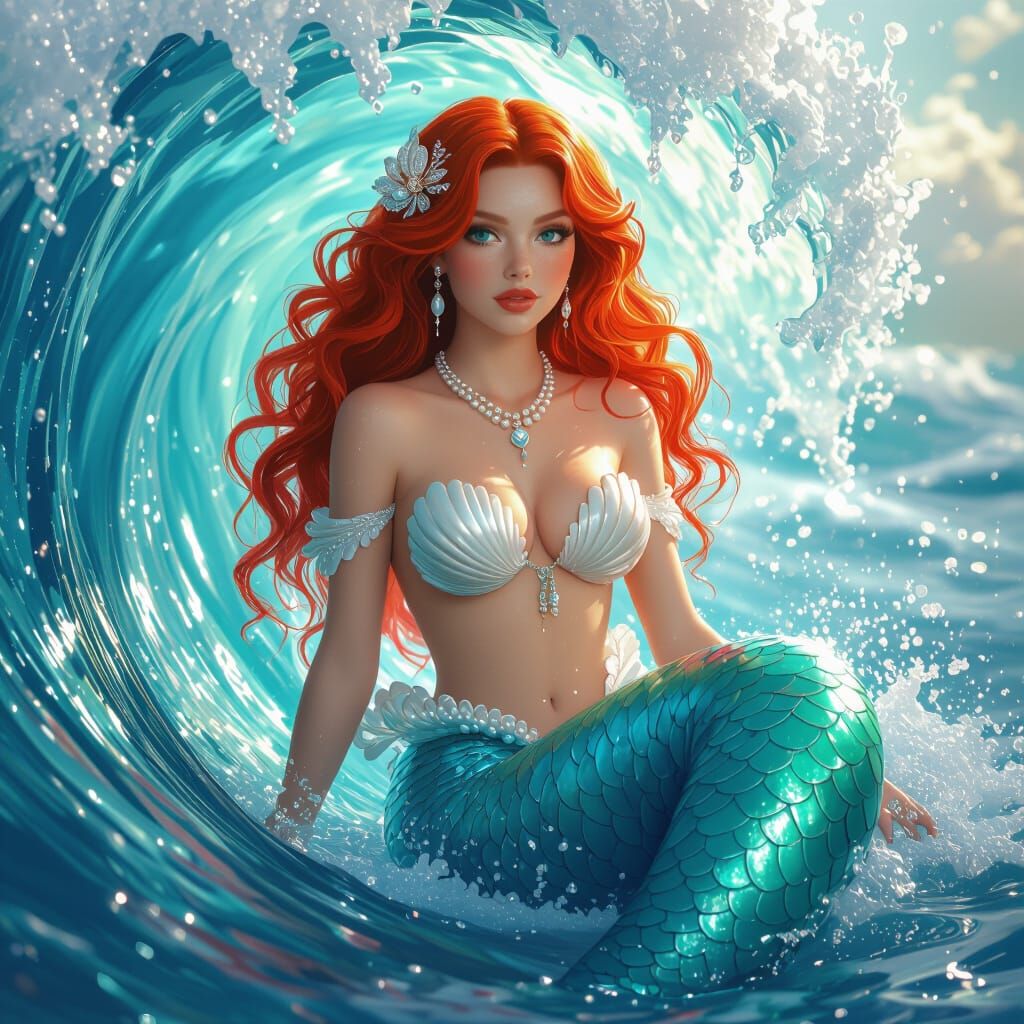 Redhead Mermaid in Colossal Wave, Fantastical Realism