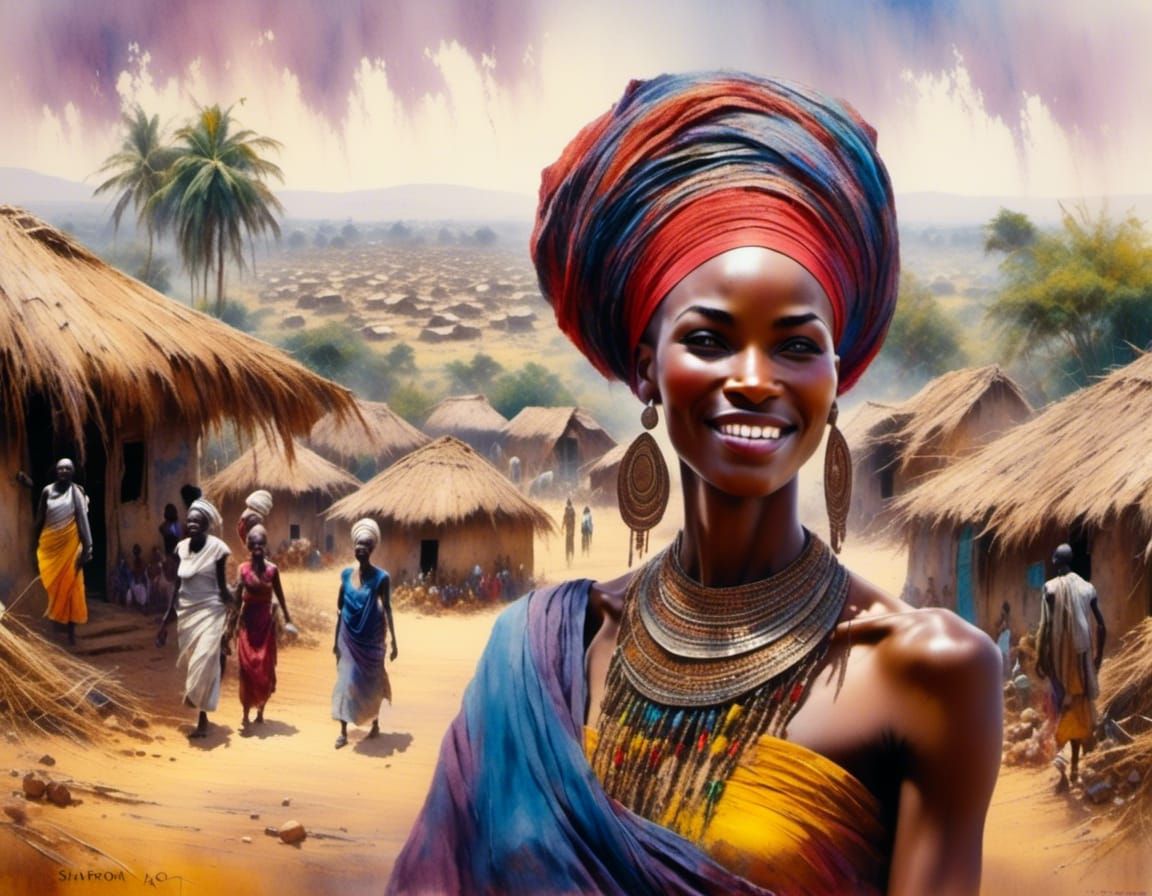 West African Village Protected by Watercolor Goddess