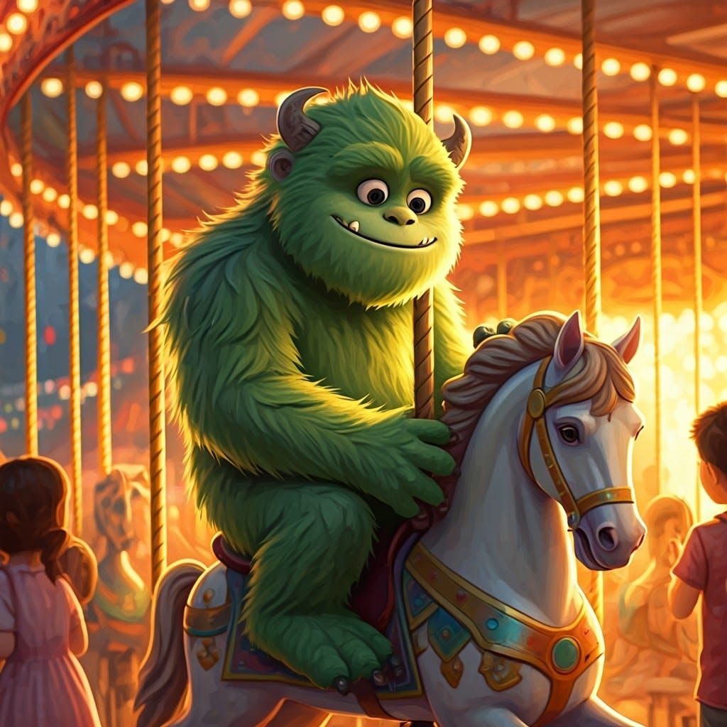 Green Monster on Carousel, Whimsical Illustration