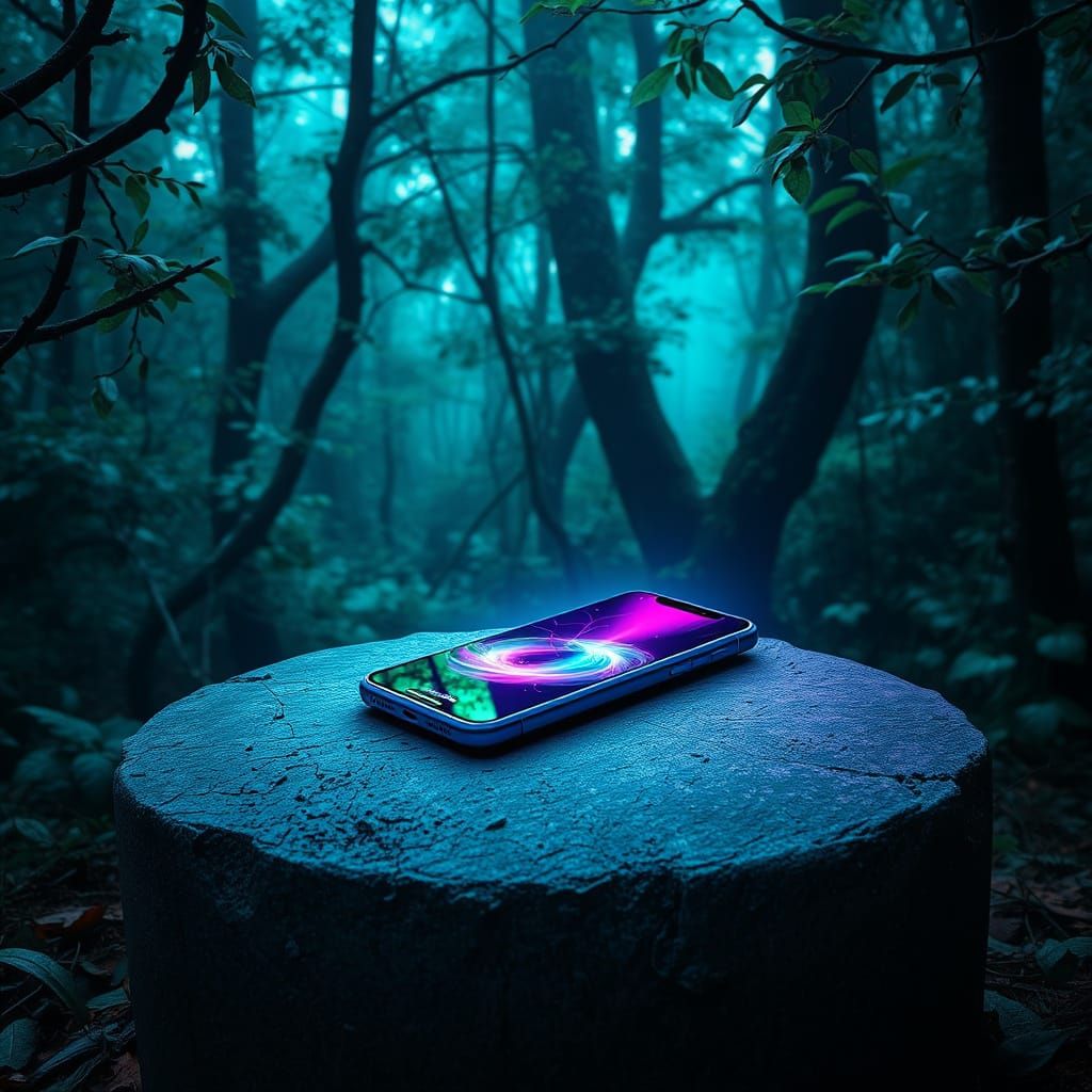 Surreal Smartphone Confronts Ancient Forest in Ethereal Glow