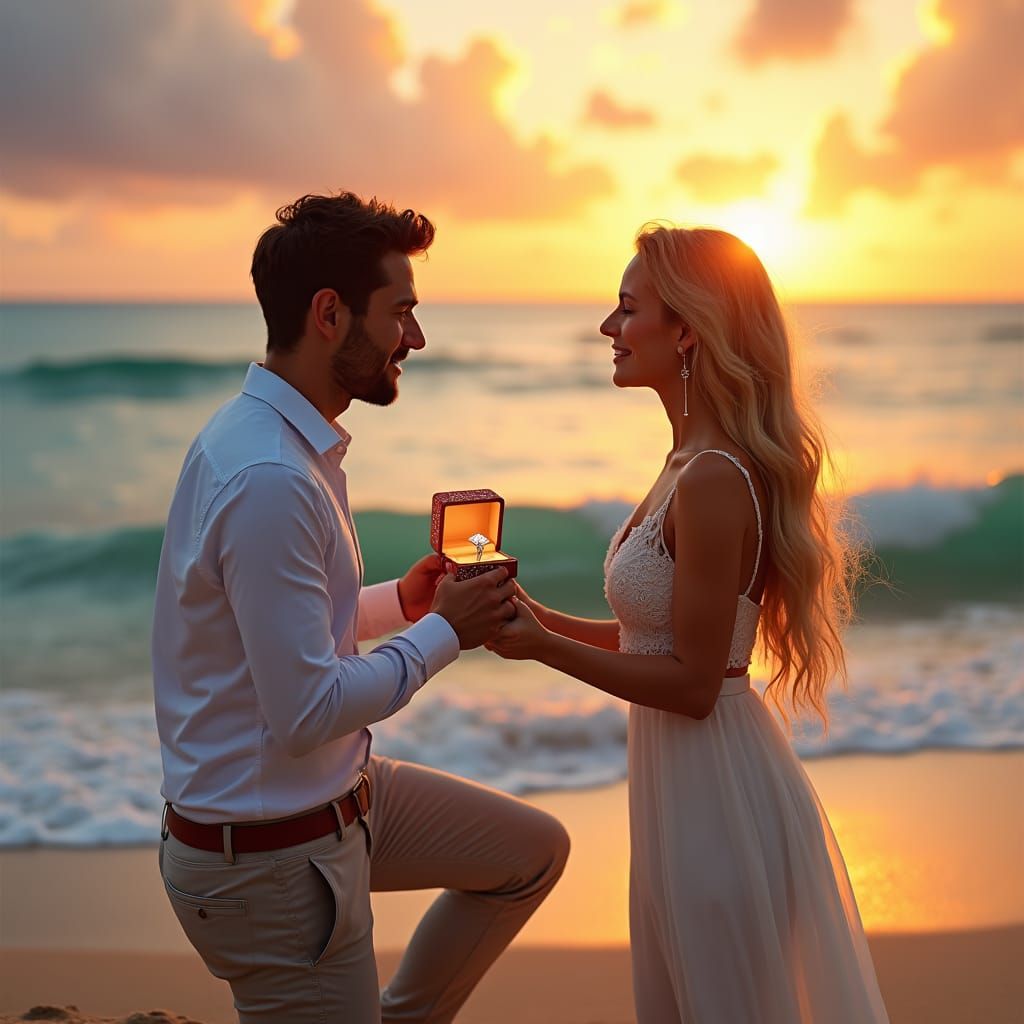 Beach Proposal at Sunset in High-End Concept Art Style