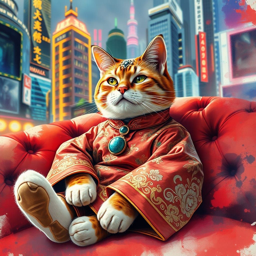 Regal Cat in Hanfu Attire with Watercolor Splashes