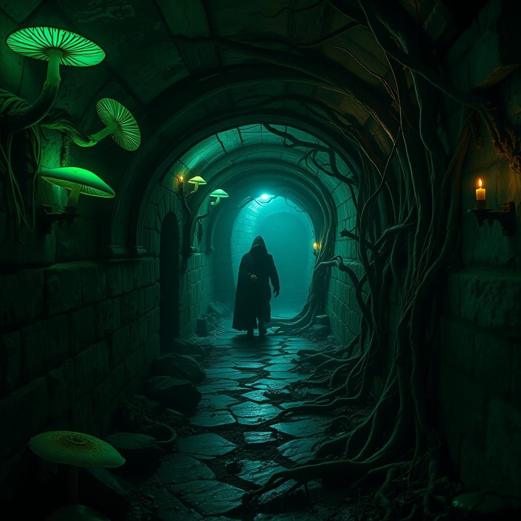 Medieval Fantasy Sewer Explorer in Emerald Green Glow