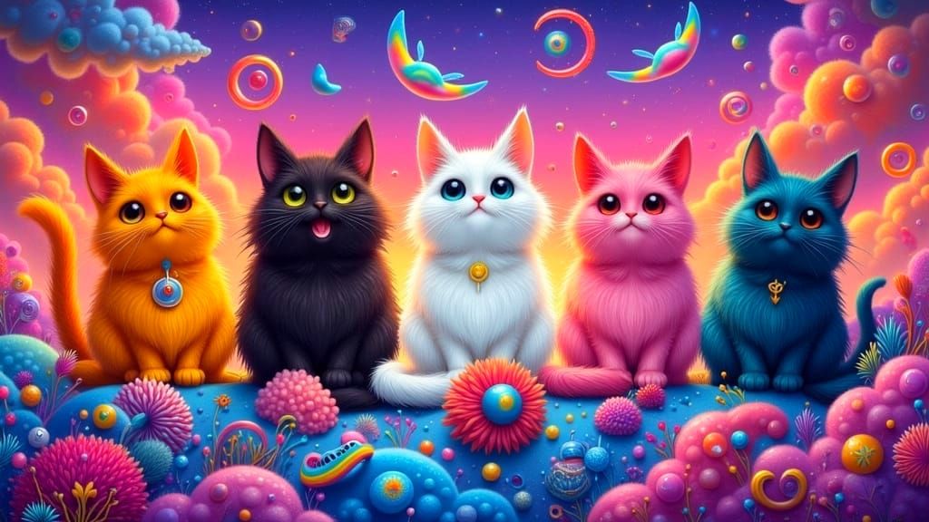 Anthropomorphic Cats Representing Generations in Psychedelic...
