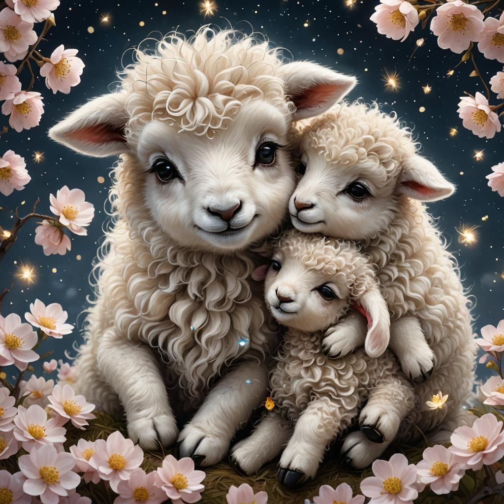 Cute Sheep Embrace in Magical Anime Artwork