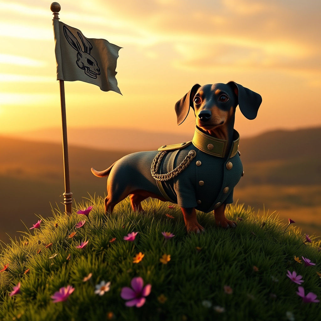 Dachshund General on Hill with Rabbit Skull Flag