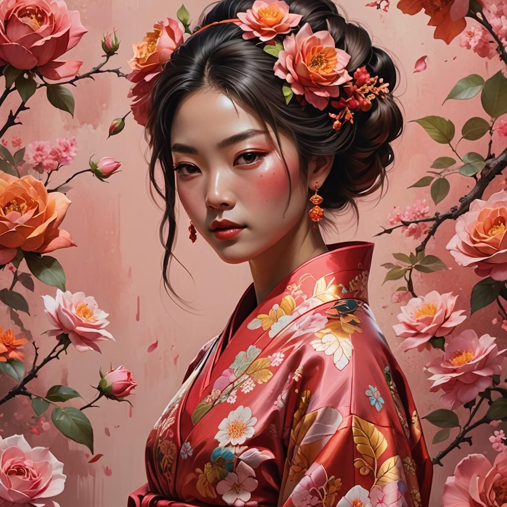 Woman in Red Kimono: Hyperrealistic Concept Art