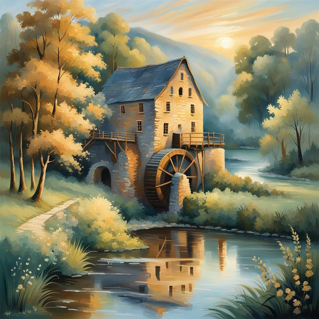 Impressionist Watermill in Sunset Light