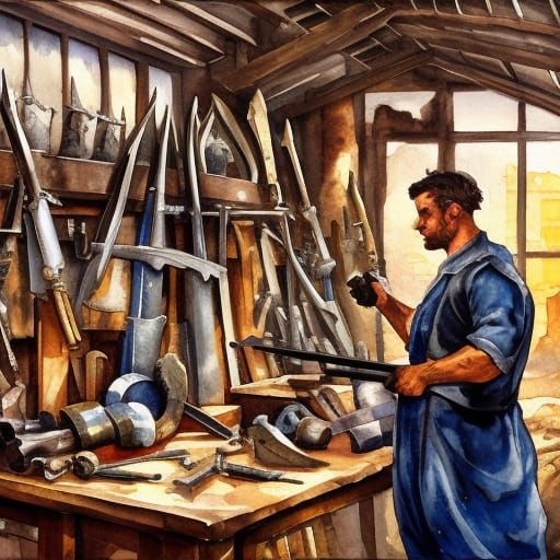 Blacksmith at the Forge: Gouache Impressionist Painting