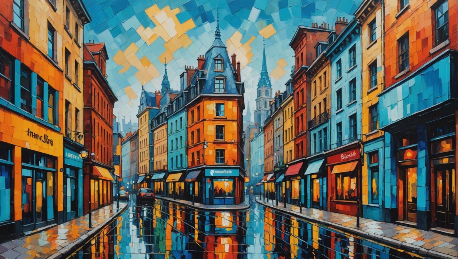 Futuristic Cityscape in Neo-Impressionist Impasto Style