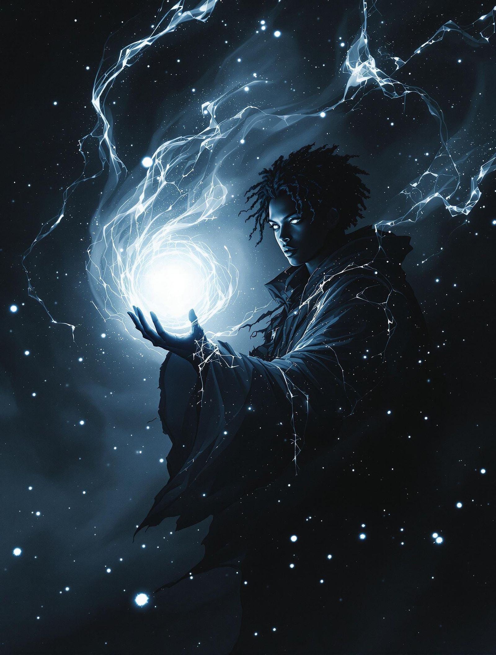 Mage Battles Darkness in Cyanotype Void