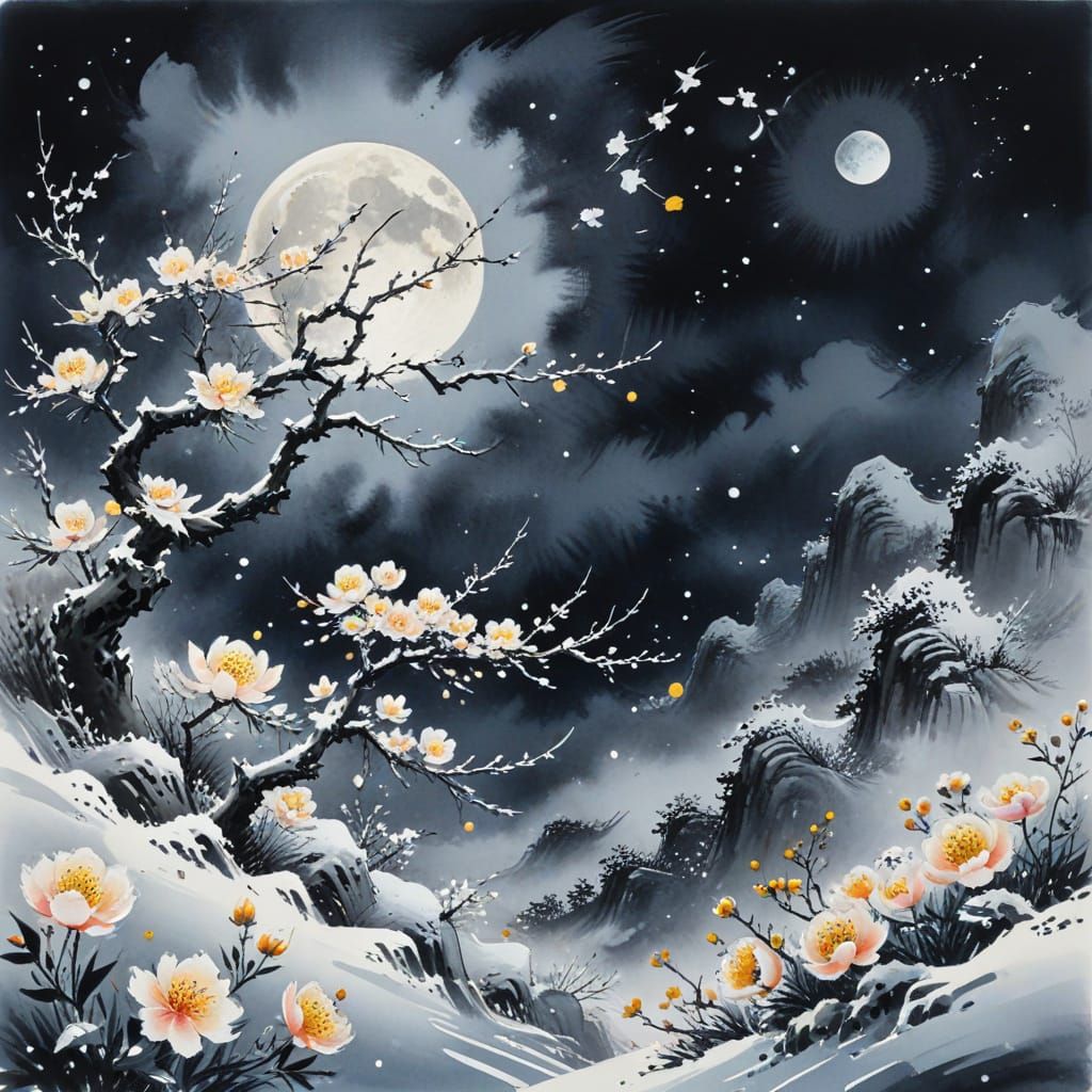 Chinese Ink Painting of Snowfall Under the Moon
