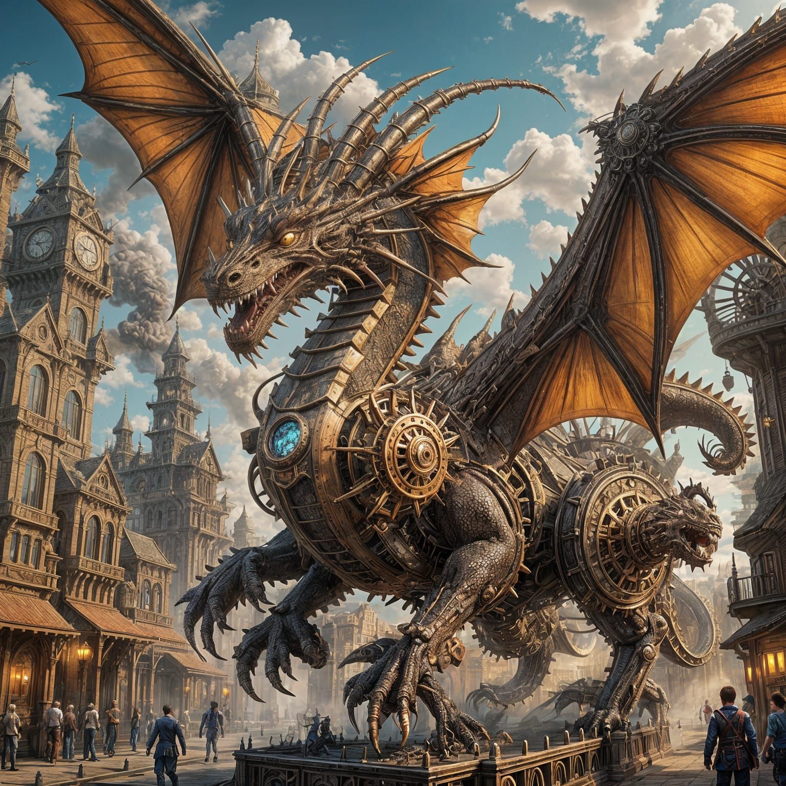 Steampunk Dragon Soaring Through Clockwork City