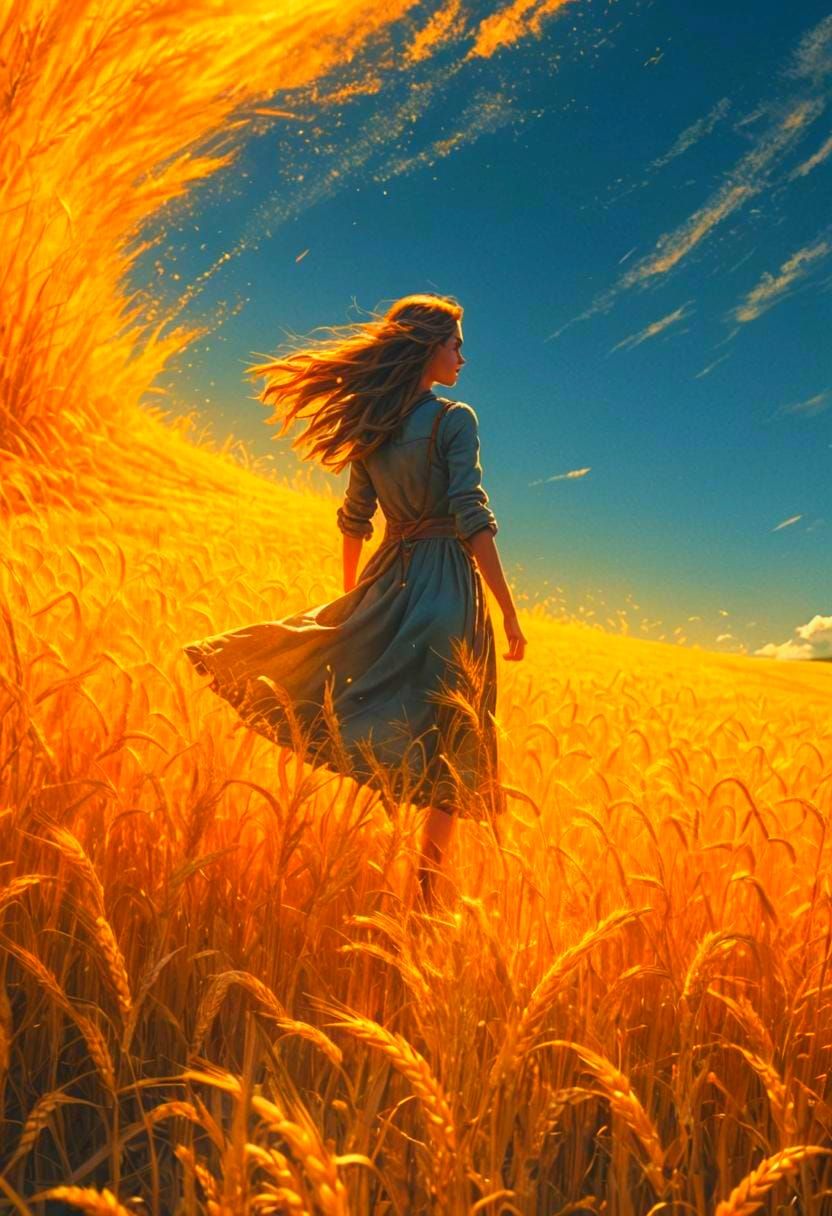 Girl Walks Through Wheat Field: Realistic Stock Photo