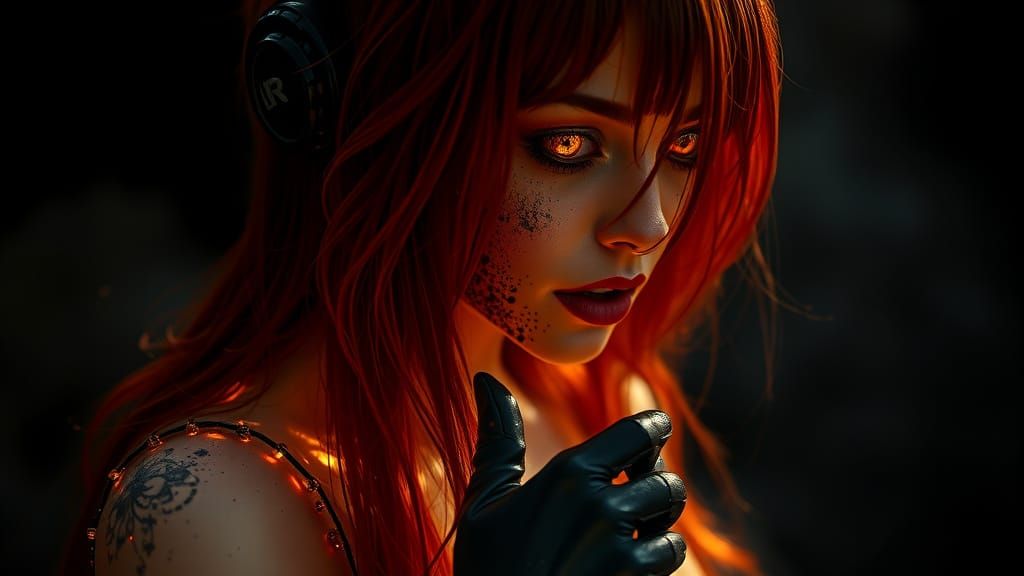 Goth Vampire Woman Emerges From Darkness With Fiery Embers