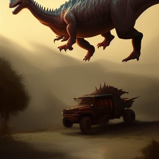Dinosaur Driving Car in Dark Fantasy Style