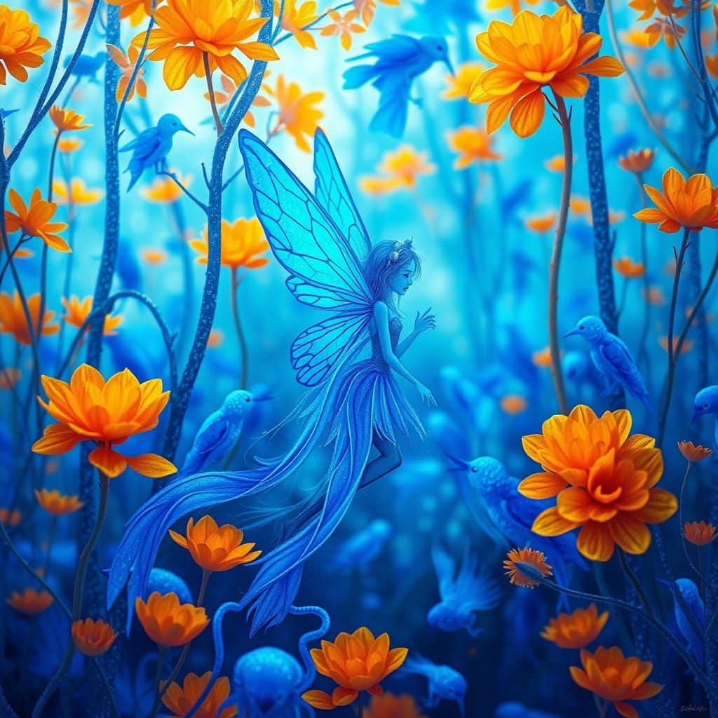 Blue Fairy in Enchanted Forest, Dreamy Art Style