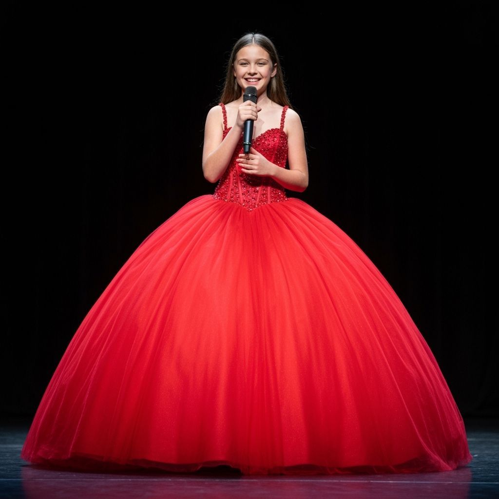 a very tall young skinny 5th grade tomboy with long straight brown hair wearing a large 150000000 foot wide long floor l...