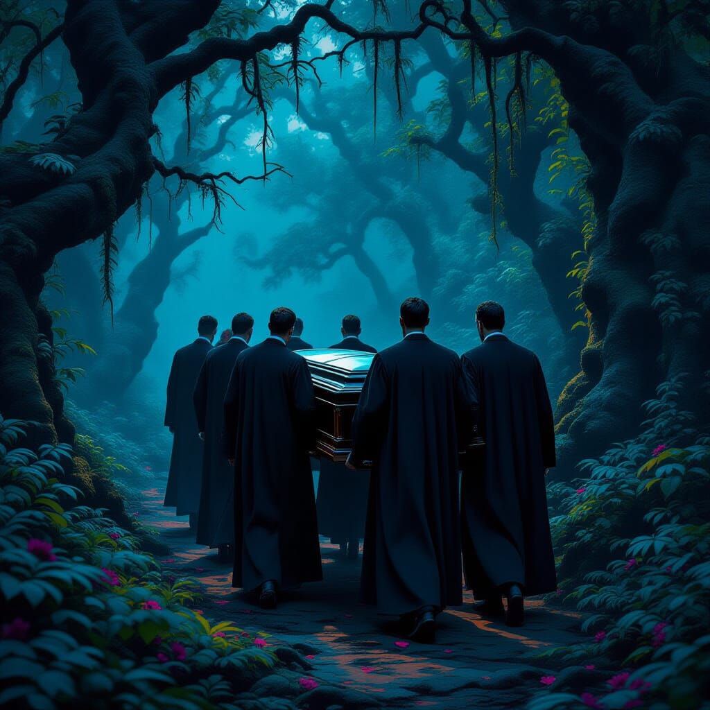 Mystical Funeral Procession Through Ancient Forest