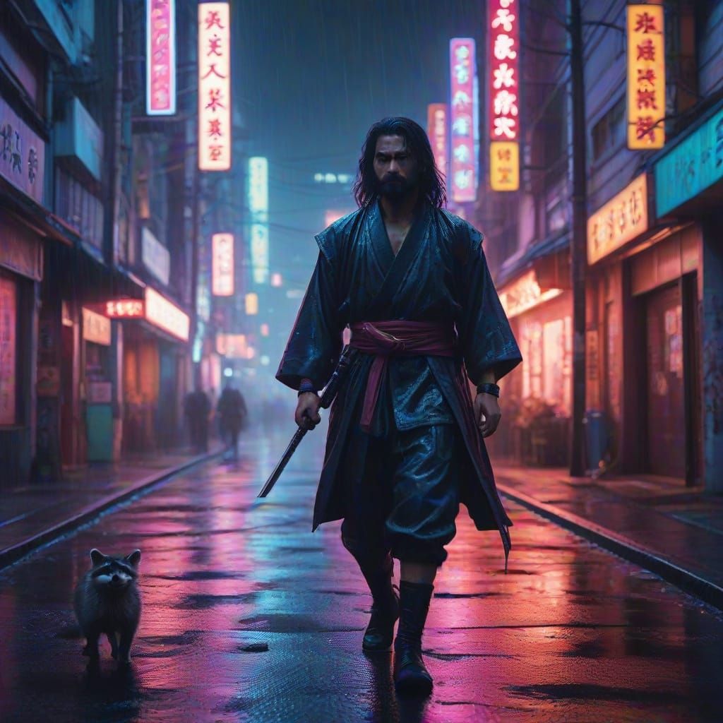 Drunken Ronin in Neon Japanese Street Scene