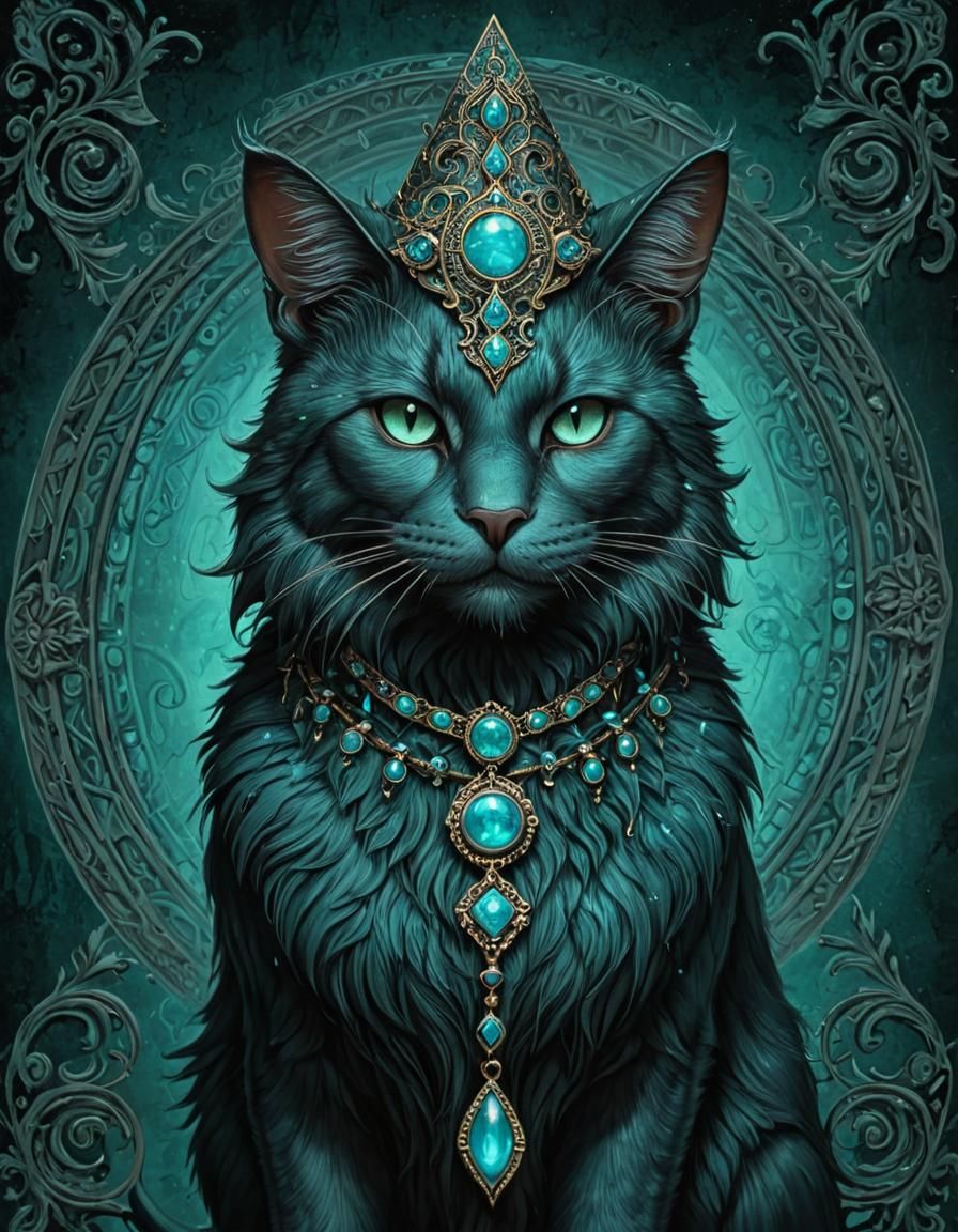 Ethereal Turquoise Cat Witch in Dark Fantasy Style