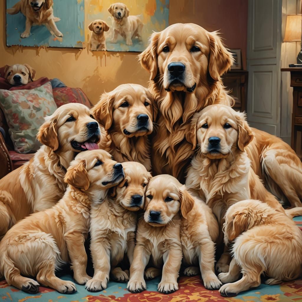 Golden Retriever and Puppies in Cozy Room