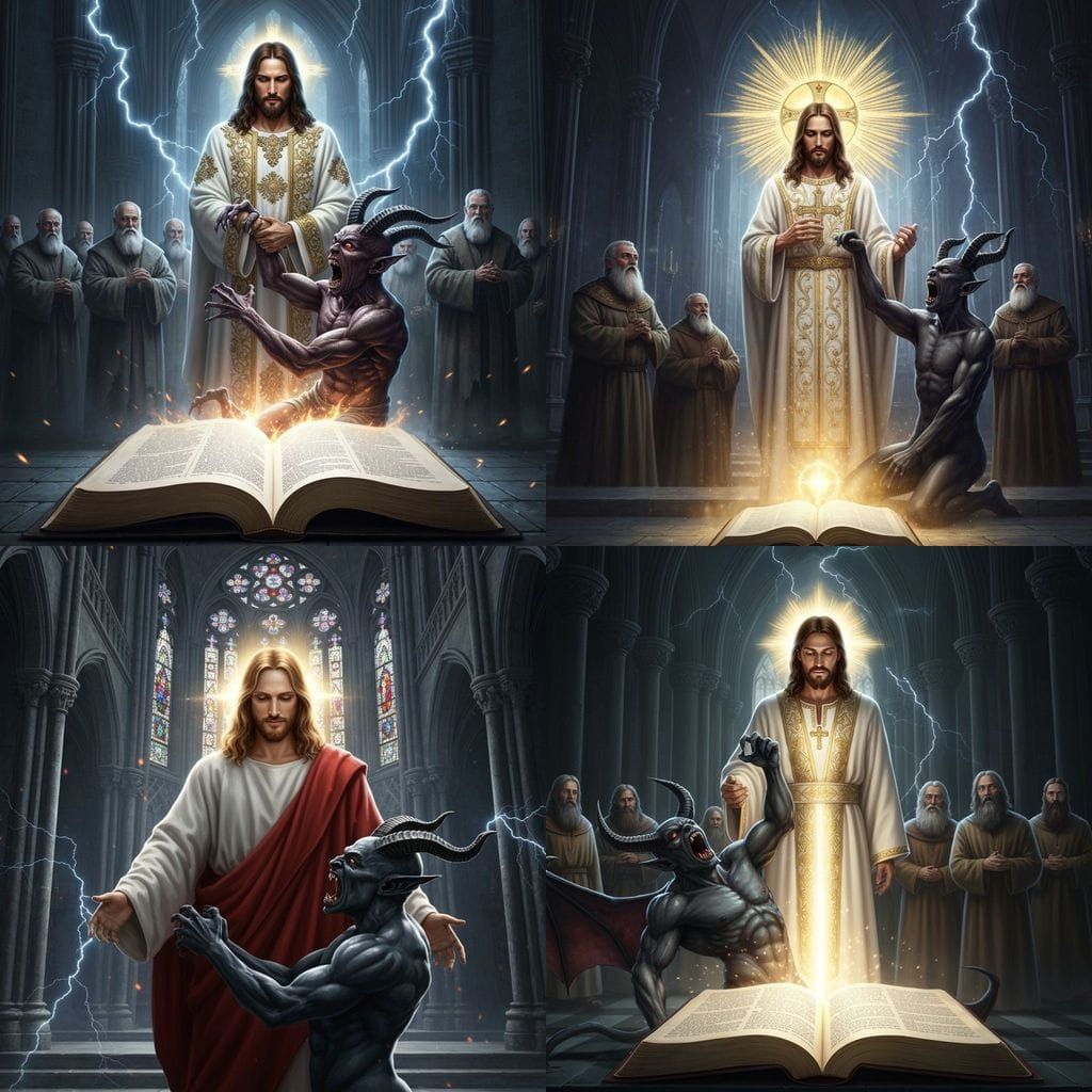 Christ Confronts Demon in Cathedral: Divine Power