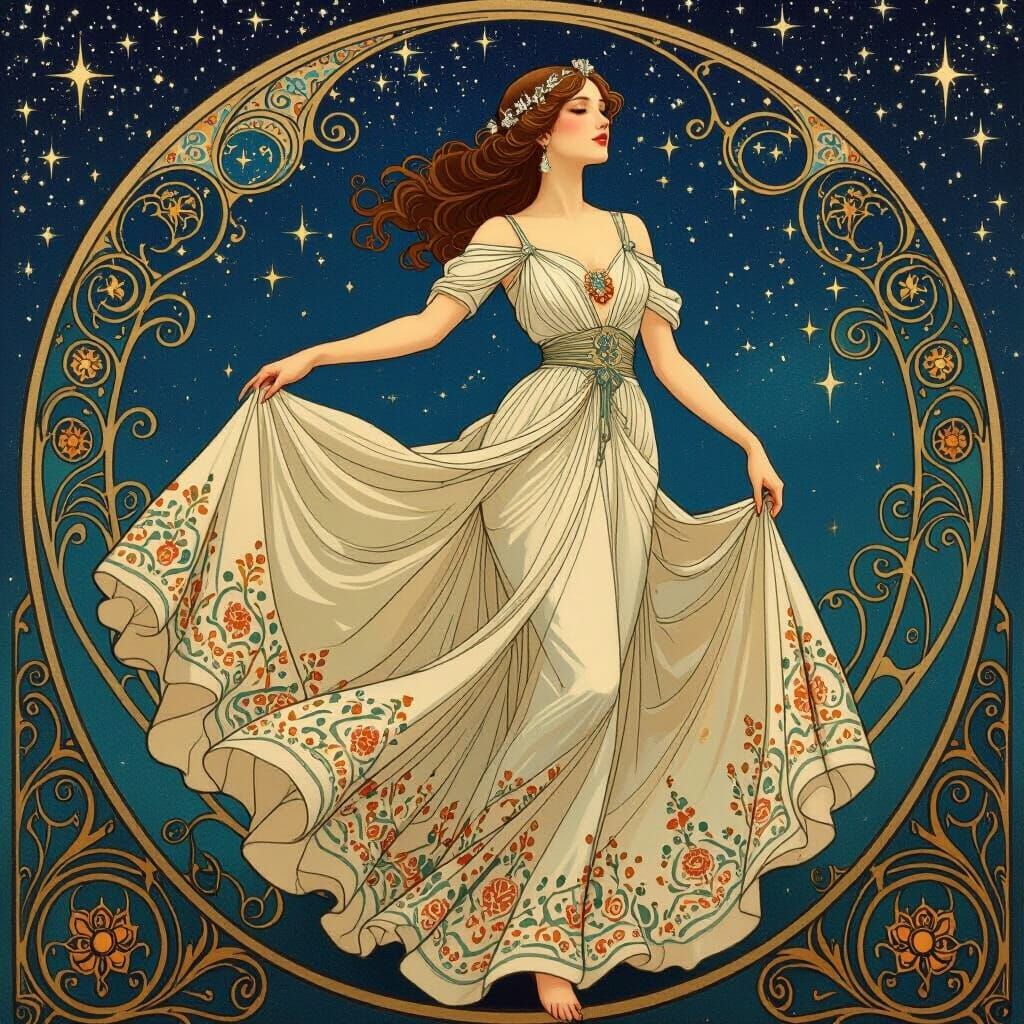 Ethereal Woman Twirling Under Starry Sky