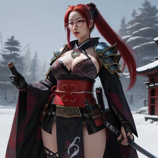 Snow Leopard Neko Samurai in Ancient Japan