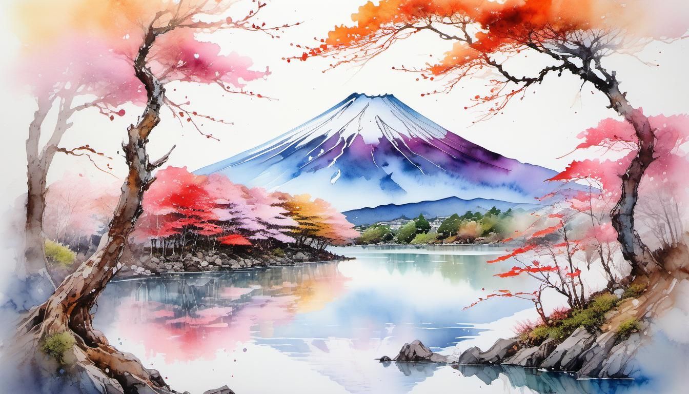 Mount Fuji Watercolor Painting with Japanese Tree