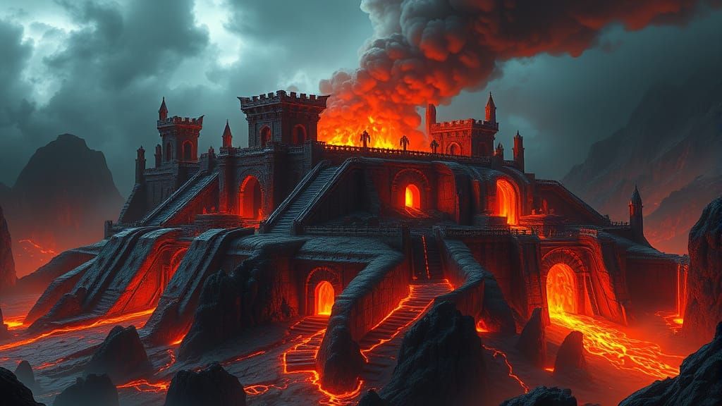 Volcano Fortress Lair with Molten Lava Flow