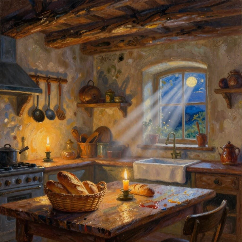 Rustic Farmhouse Kitchen at Dusk with Ethereal Light