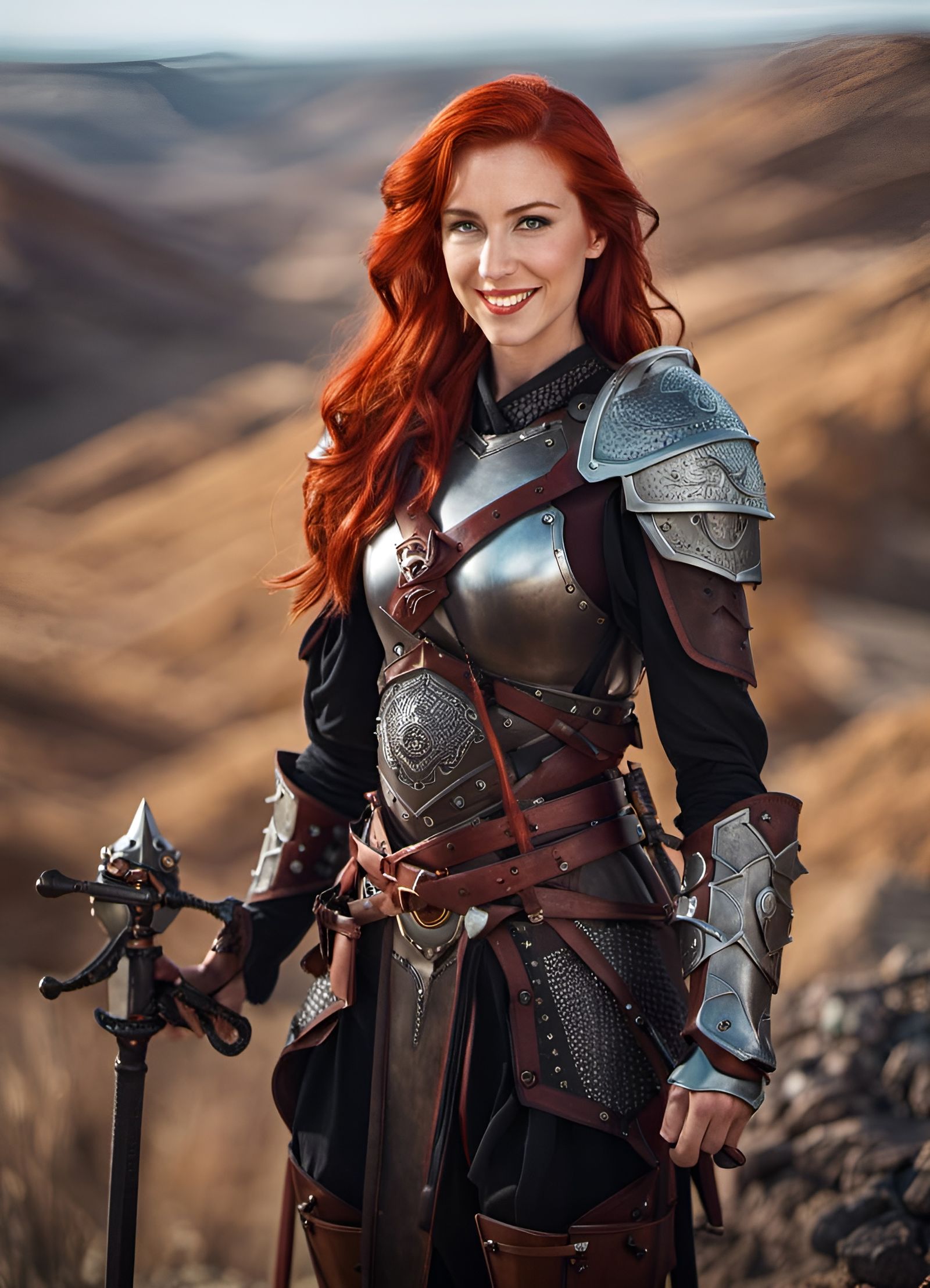 Smiling Redhead Warrior in Epic Landscape